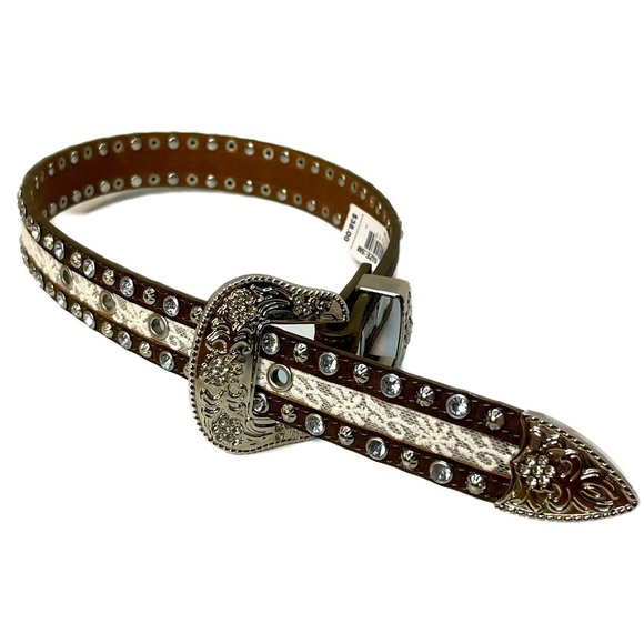 Angel Ranch NWT Rhinestone and Lace Leather Belt w/ Silver Engraved Belt Buckle - Picture 1 of 7